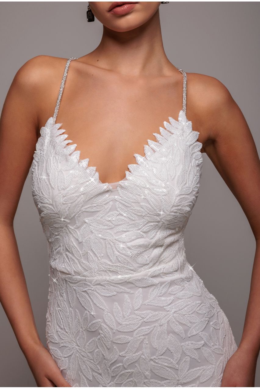 Cross Back Diamante Strap Sequin Maxi - White DR4009