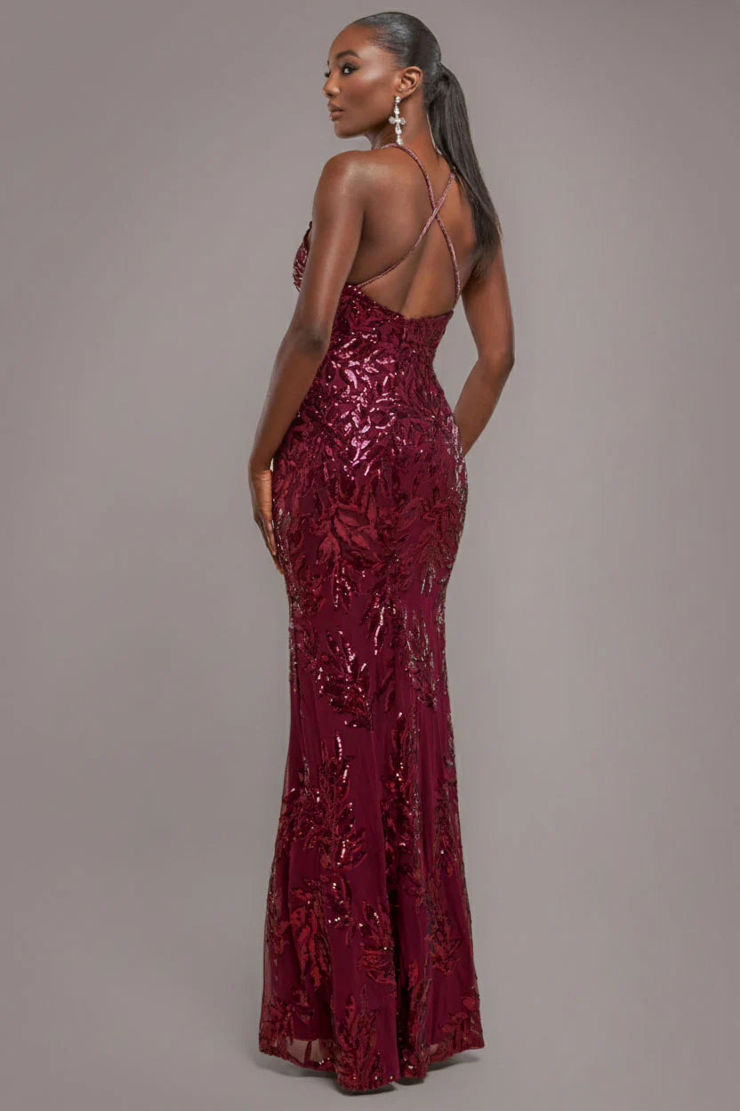 Cross Back Diamante Strap Sequin Maxi - Burgundy DR4009