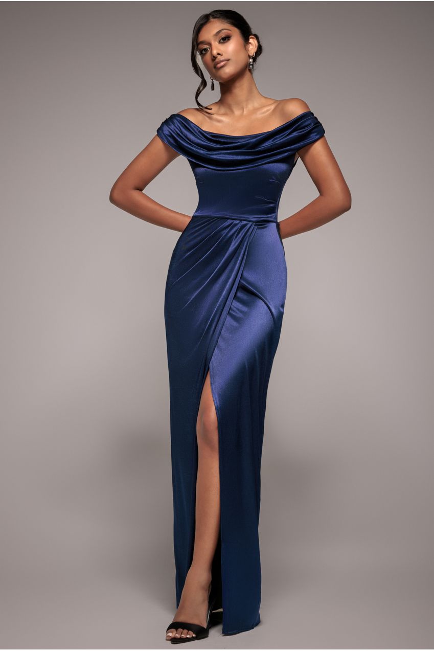 Cowl Bardot Satin Twill Maxi Dress - Navy DR4010