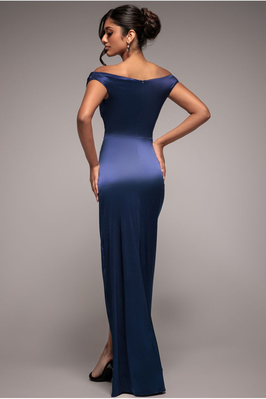 Cowl Bardot Satin Twill Maxi Dress - Navy DR4010
