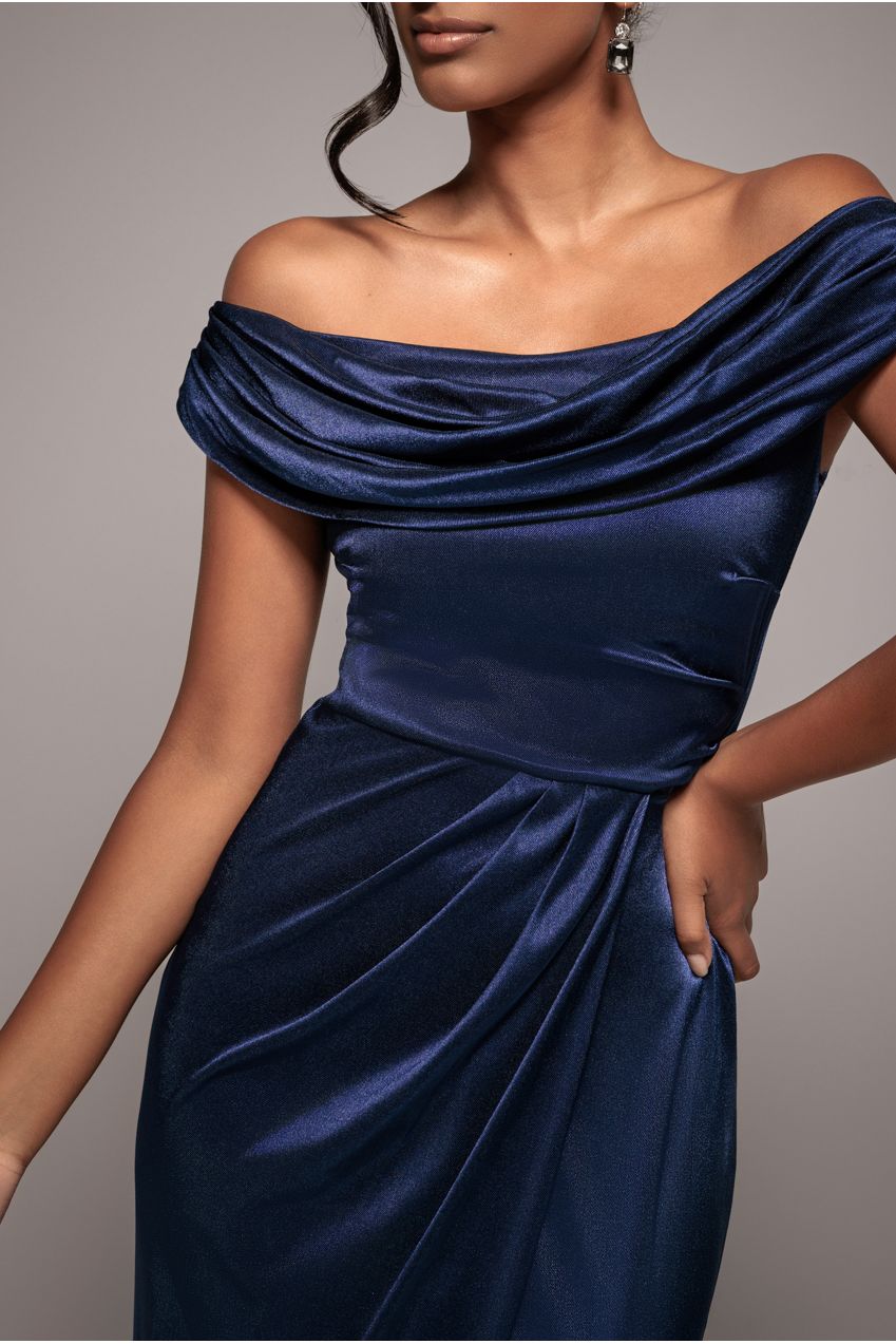 Cowl Bardot Satin Twill Maxi Dress - Navy DR4010