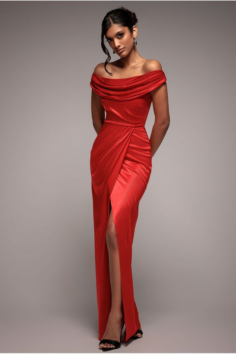 Cowl Bardot Satin Twill Maxi Dress - Red by Goddiva