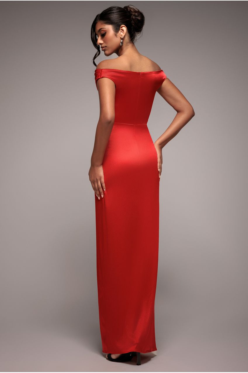 Cowl Bardot Satin Twill Maxi Dress - Red DR4010