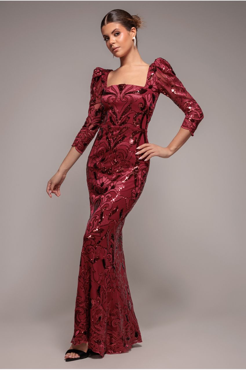 Square Neck Scalloped Lace Maxi - Wine DR4016