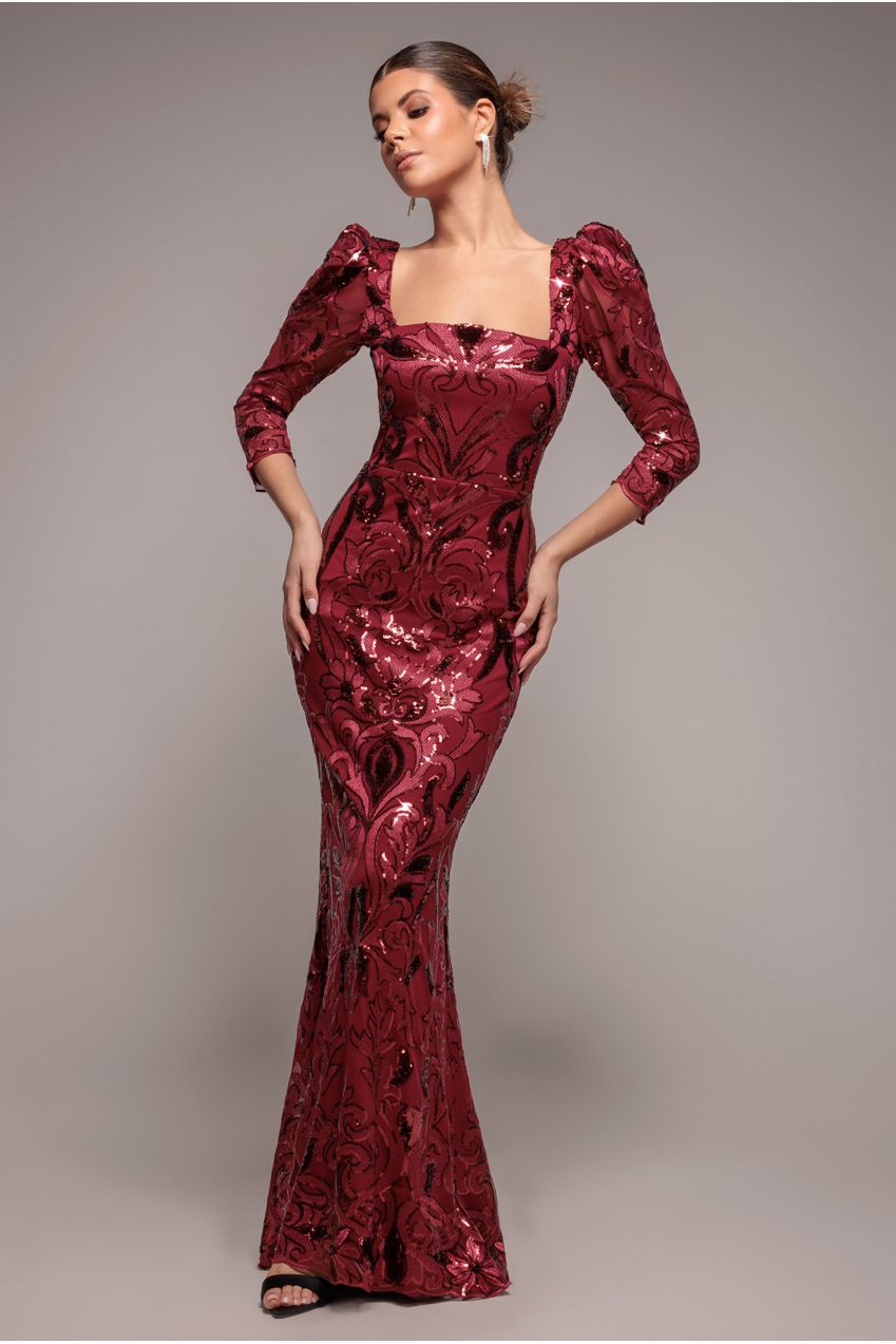 Square Neck Scalloped Lace Maxi - Wine DR4016