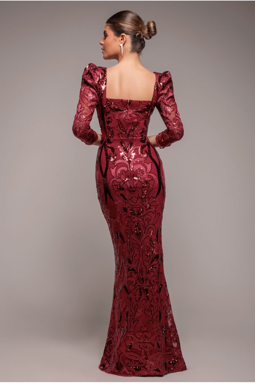 Square Neck Scalloped Lace Maxi - Wine DR4016