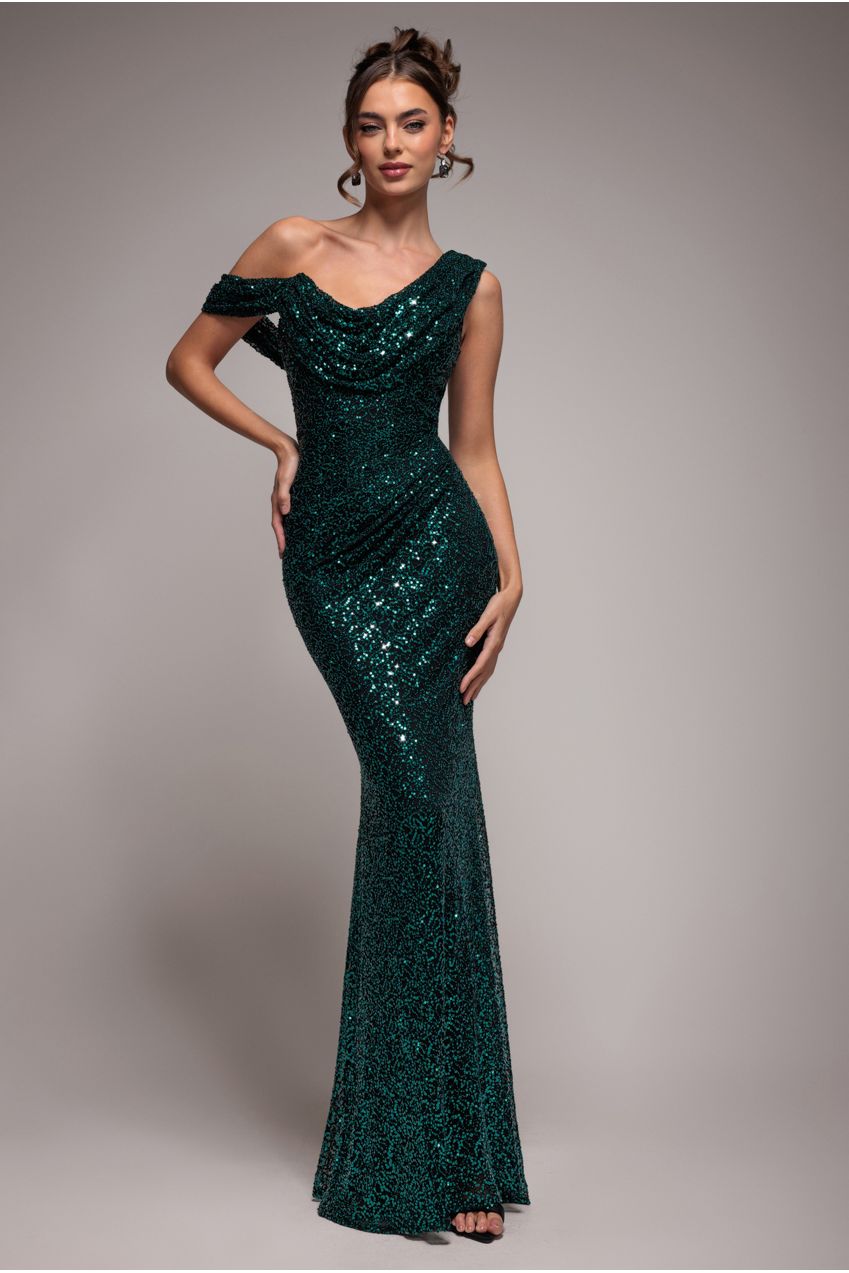 Sequin Cowl One Shoulder Maxi Dress - Emerald Green DR4020