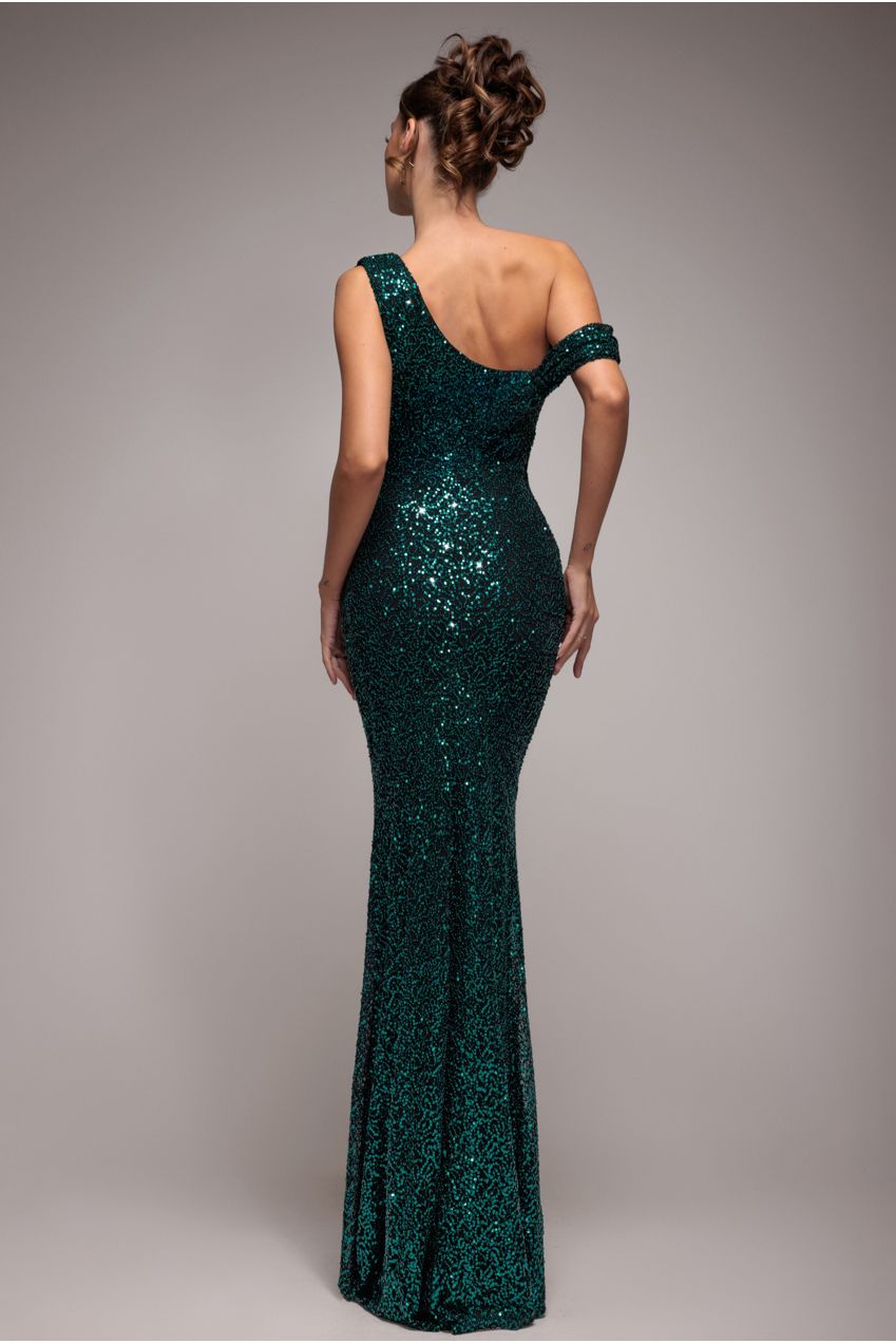 Sequin Cowl One Shoulder Maxi Dress - Emerald Green DR4020