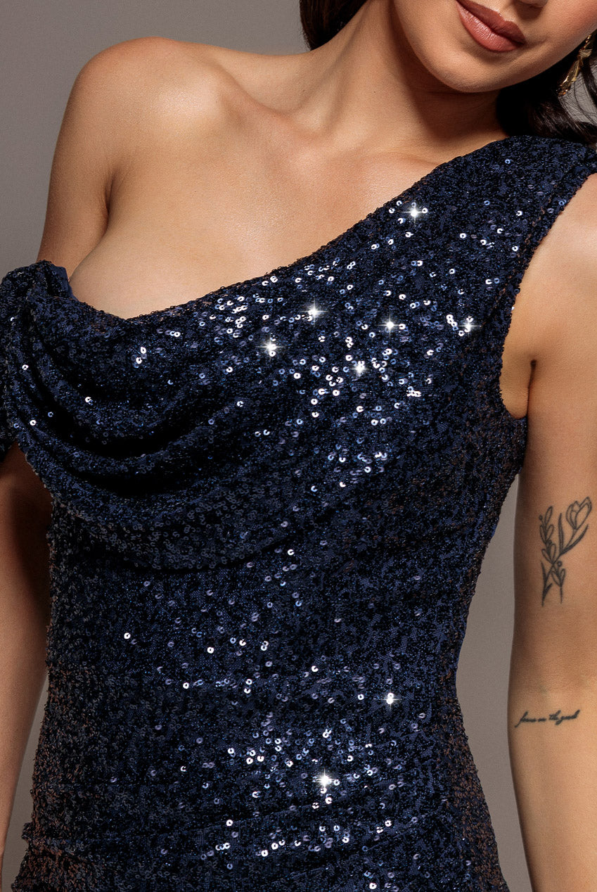 Sequin Cowl One Shoulder Maxi Dress - Navy Blue DR4020