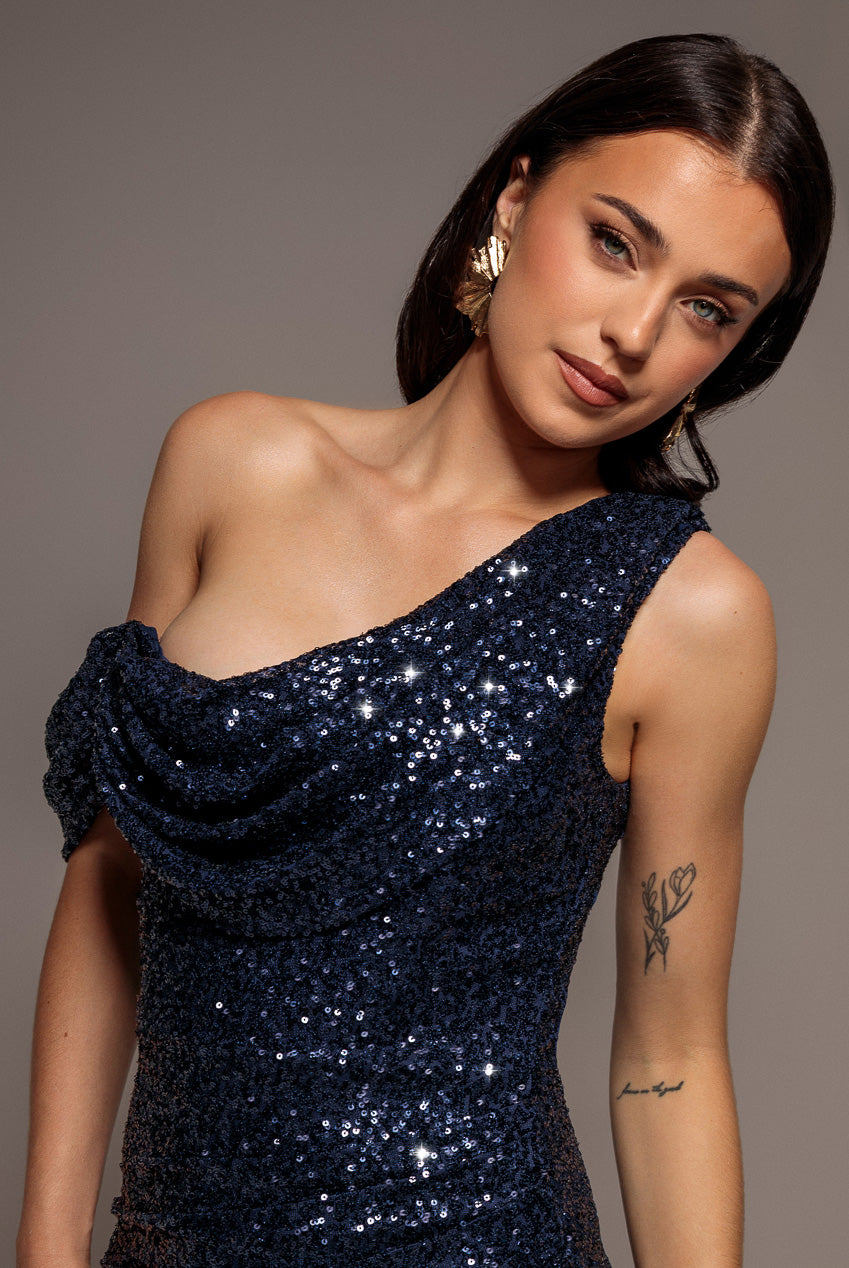 Sequin Cowl One Shoulder Maxi Dress - Navy Blue DR4020