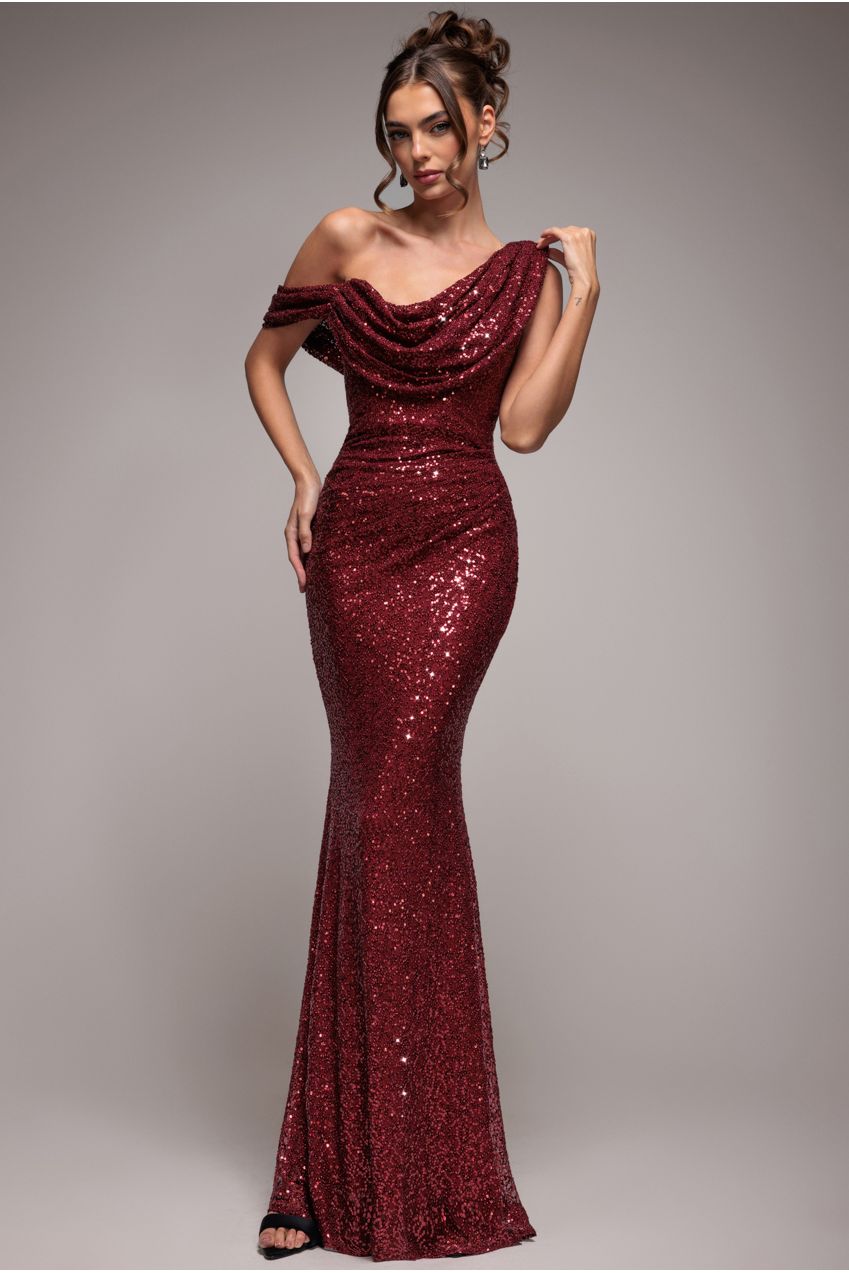Sequin Cowl One Shoulder Maxi Dress - Wine DR4020