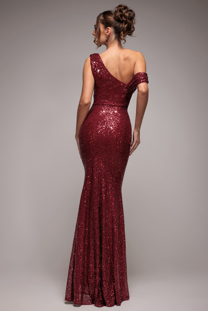 Sequin Cowl One Shoulder Maxi Dress - Wine DR4020