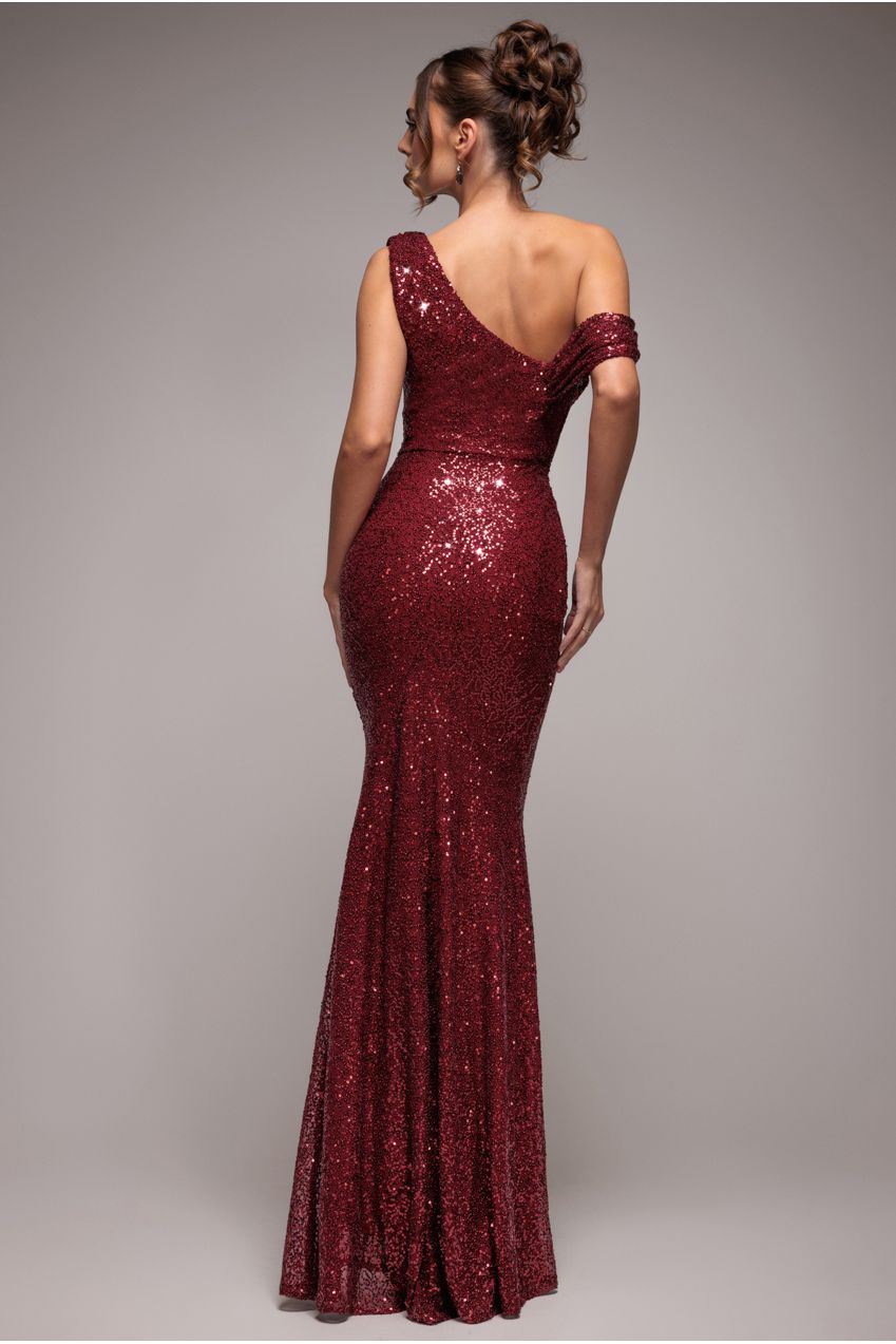 Sequin Cowl One Shoulder Maxi Dress - Wine DR4020