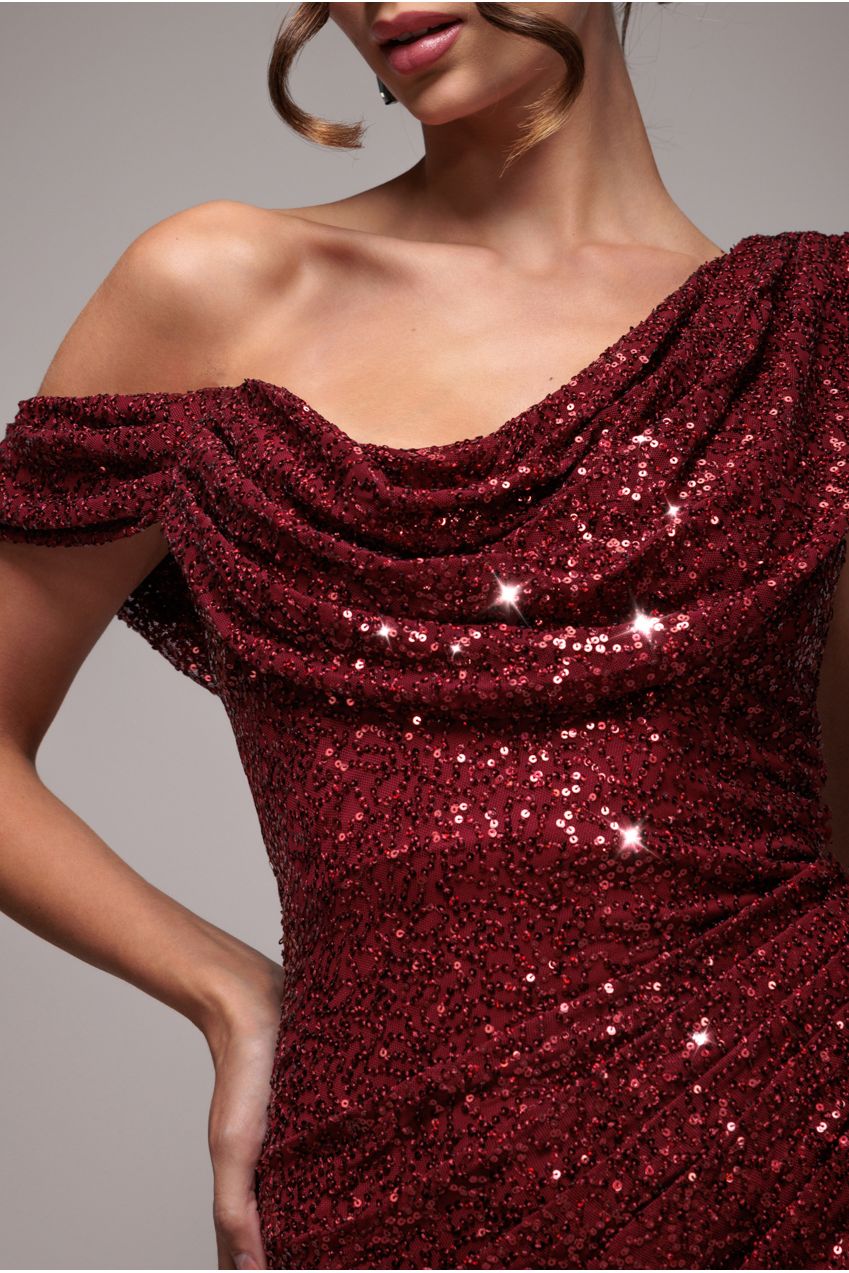 Sequin Cowl One Shoulder Maxi Dress - Wine DR4020