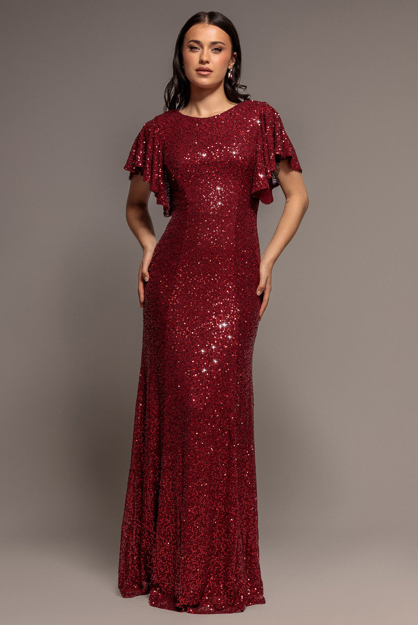 Sequin Flutter Sleeve Maxi - Wine DR4021