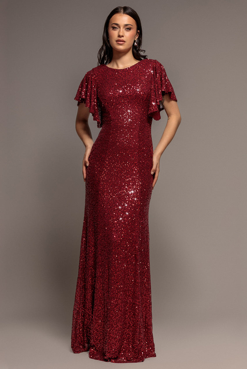 Sequin Flutter Sleeve Maxi - Wine DR4021