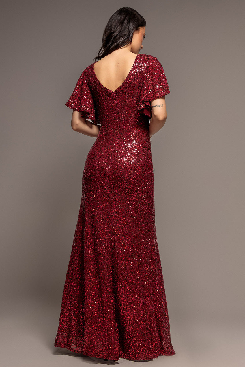 Sequin Flutter Sleeve Maxi - Wine DR4021