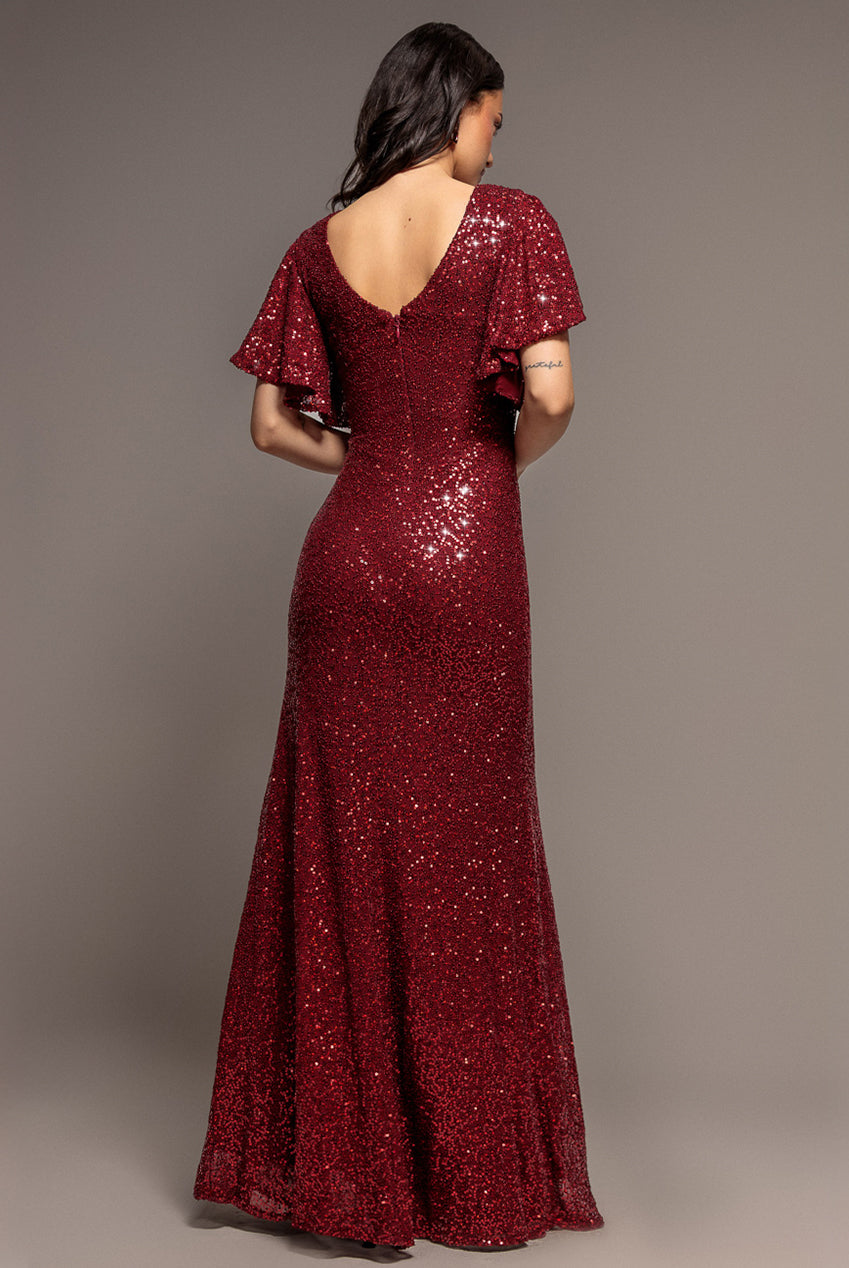Sequin Flutter Sleeve Maxi - Wine DR4021