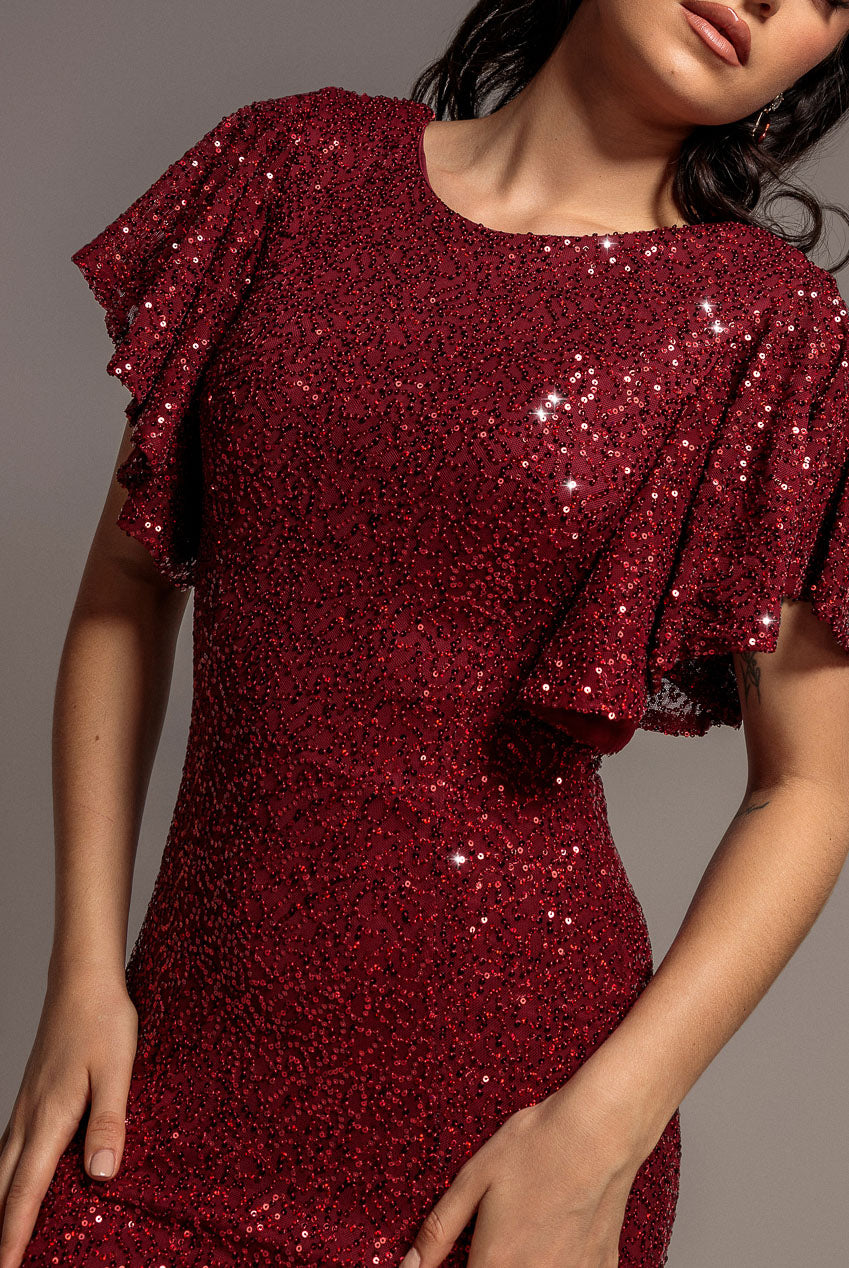 Sequin Flutter Sleeve Maxi - Wine DR4021