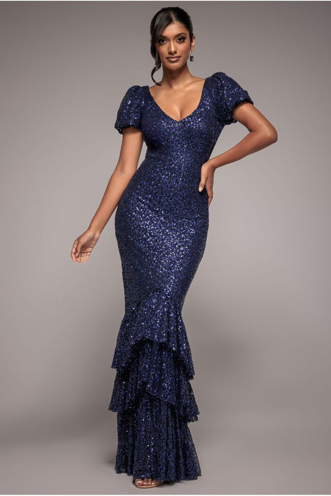 Puff Sleeve Tiered Hem Maxi Dress - Navy by Goddiva