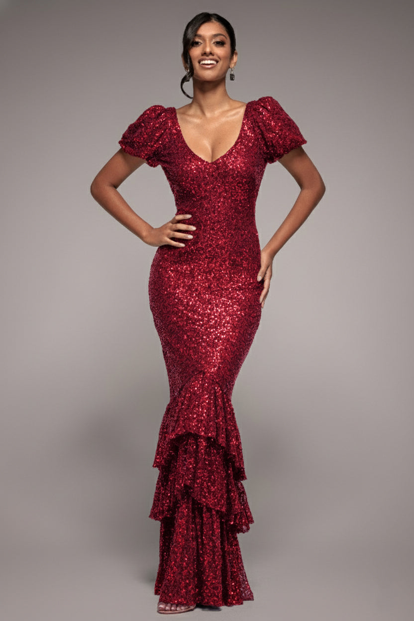 Puff Sleeve Tiered Hem Maxi Dress - Wine | Goddiva Puff Sleeve Tiered Hem Maxi Dress - Wine | Goddiva