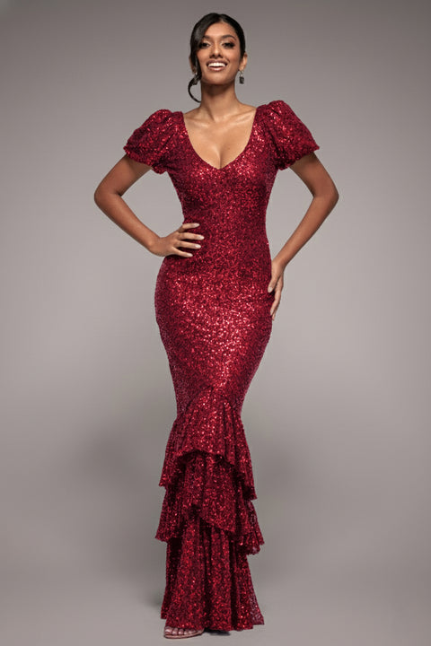 Puff Sleeve Tiered Hem Maxi Dress - Wine by Goddiva