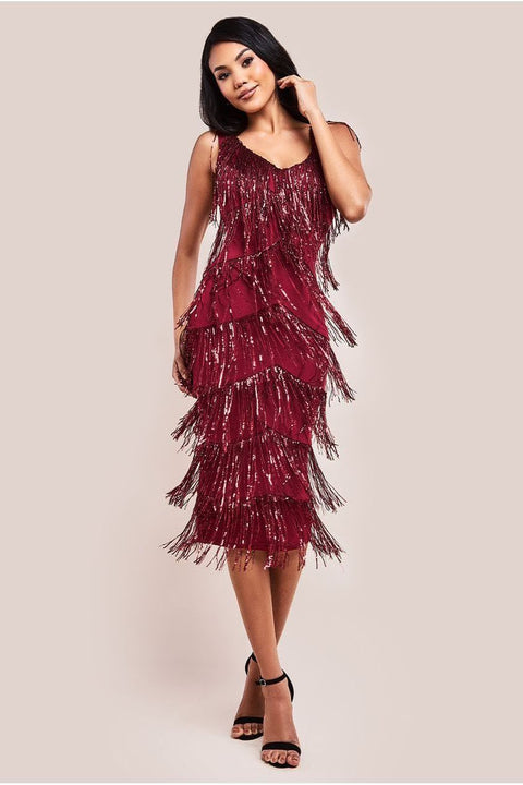 Sequin Tassel Flapper Midi Dress - Wine by Goddiva