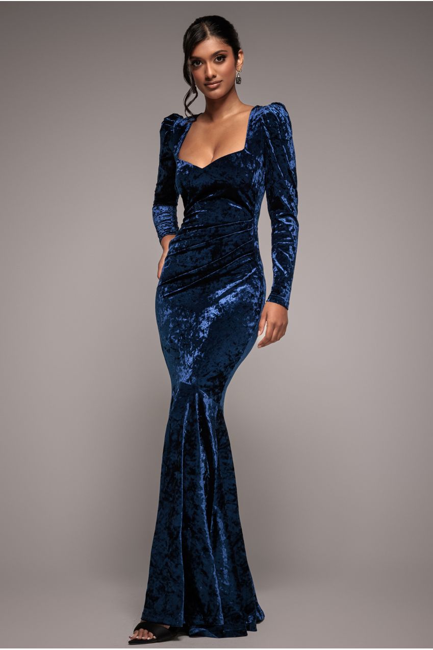 Flared Hem Ice Velvet Maxi - Navy DR4027