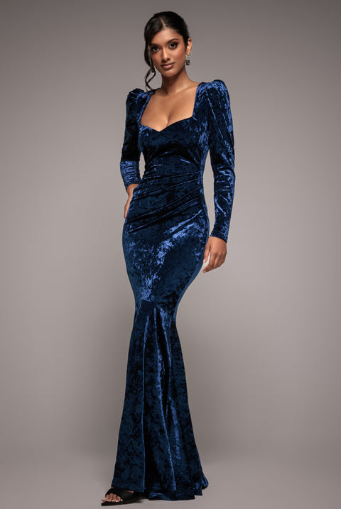 Flared Hem Ice Velvet Maxi - Navy by Goddiva