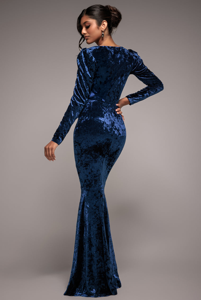 Flared Hem Ice Velvet Maxi - Navy DR4027
