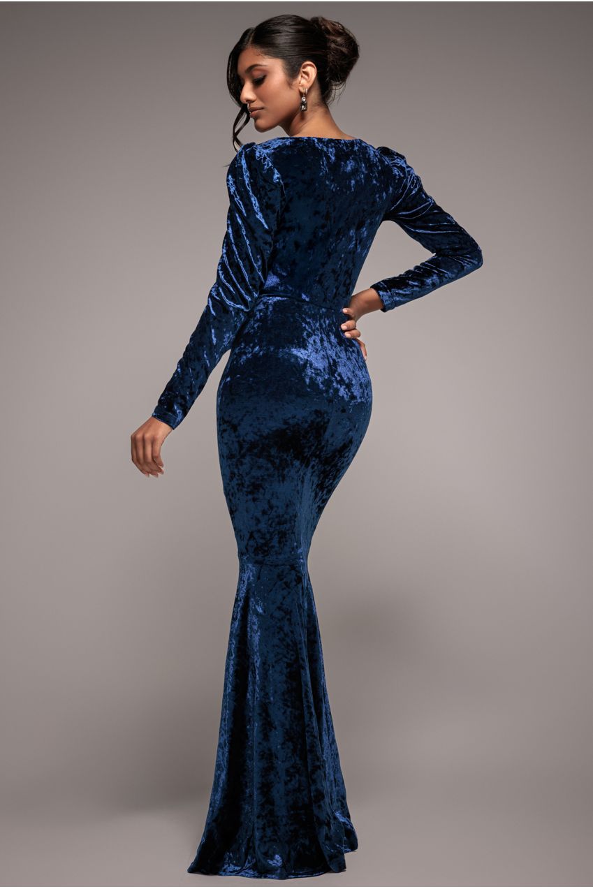 Flared Hem Ice Velvet Maxi - Navy DR4027
