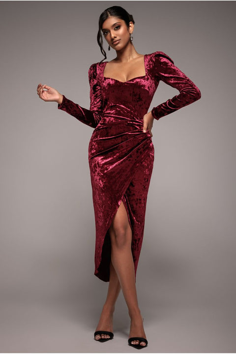 Flared Hem Ice Velvet Midi - Burgundy by Goddiva