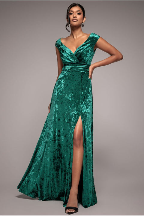 Ice Velvet Bardot Wrap Maxi - Emerald Green by Goddiva