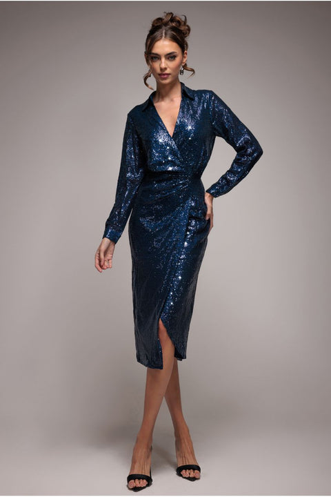 Sequin Front Split Shirt Dress - Navy by Goddiva
