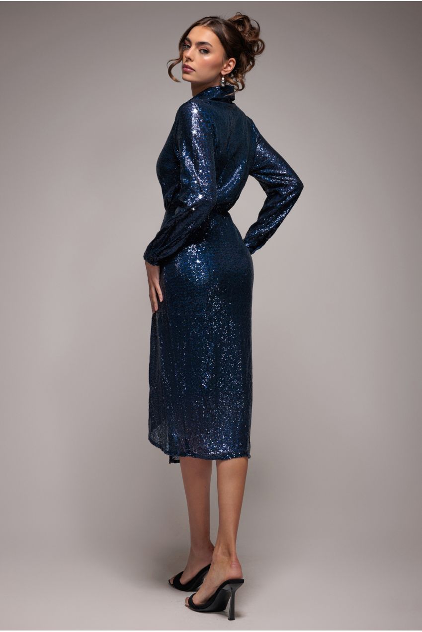 Sequin Front Split Shirt Dress - Navy DR4034