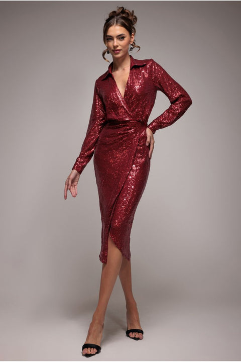 Sequin Front Split Shirt Dress - Wine by Goddiva