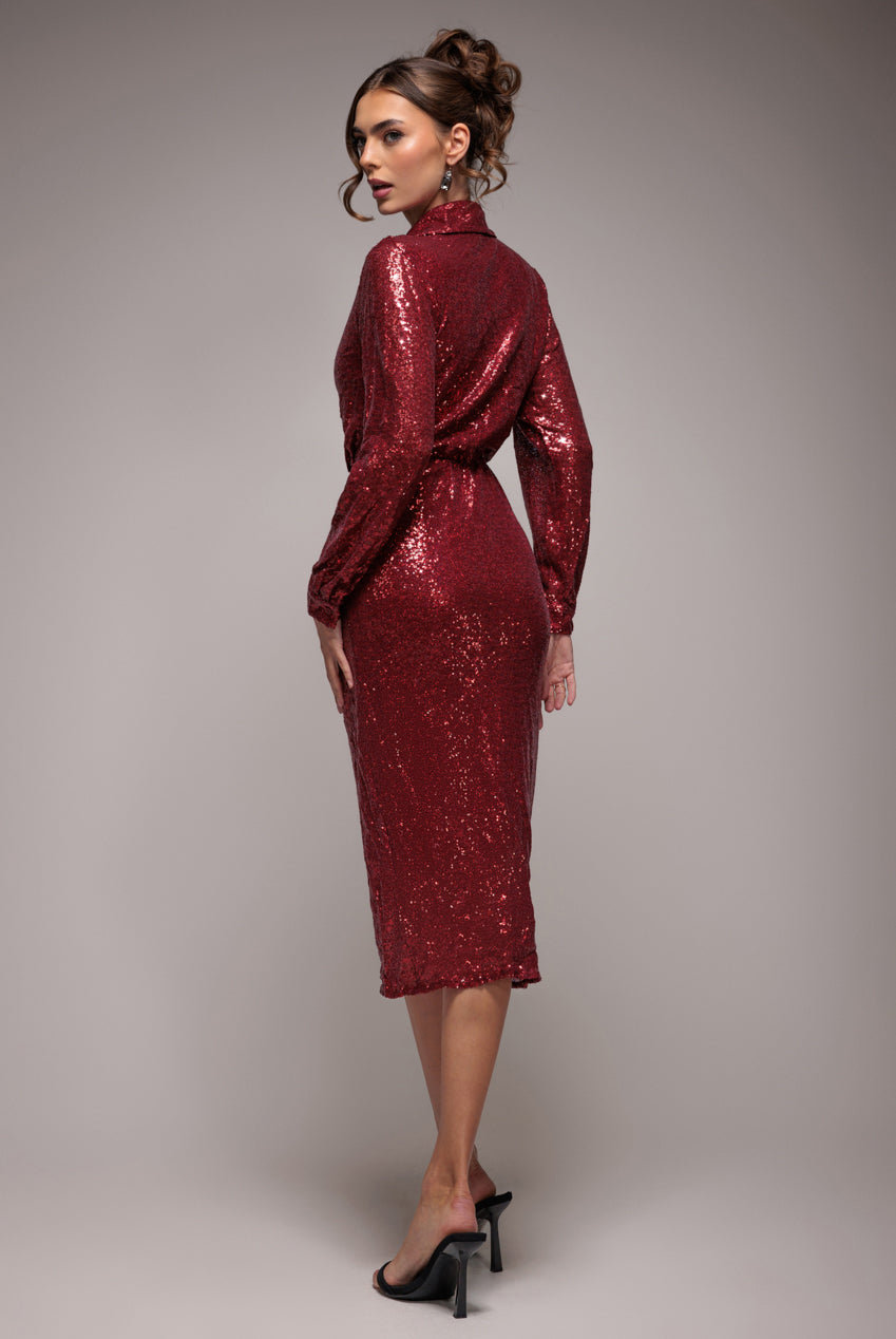 Sequin Front Split Shirt Dress - Wine DR4034