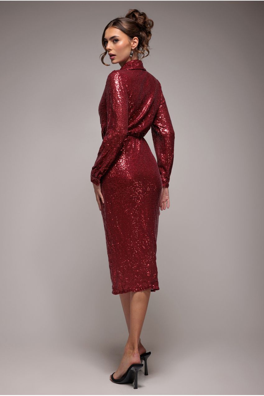 Sequin Front Split Shirt Dress - Wine DR4034