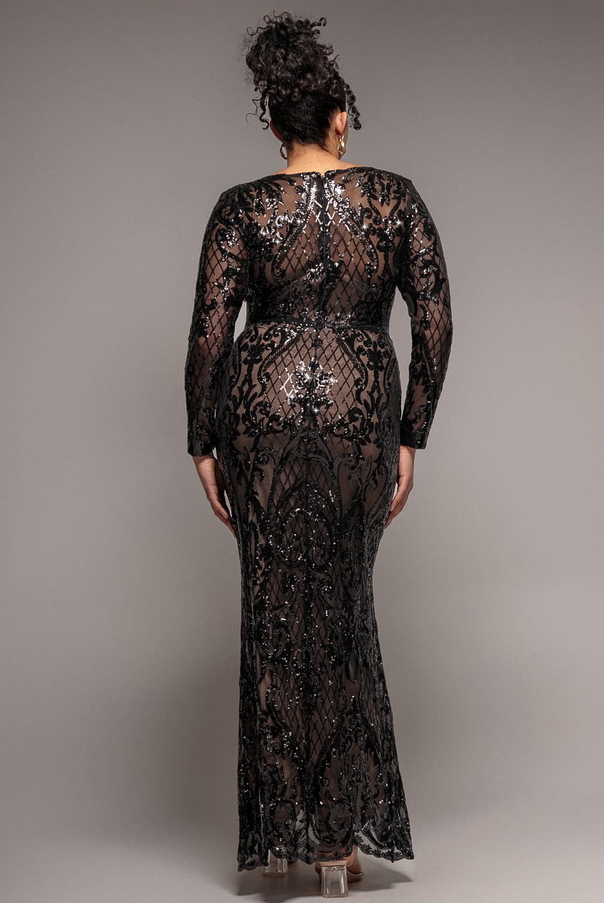 Sequin Square Neck Maxi With Scallop Hem - Black DR4038PLUS