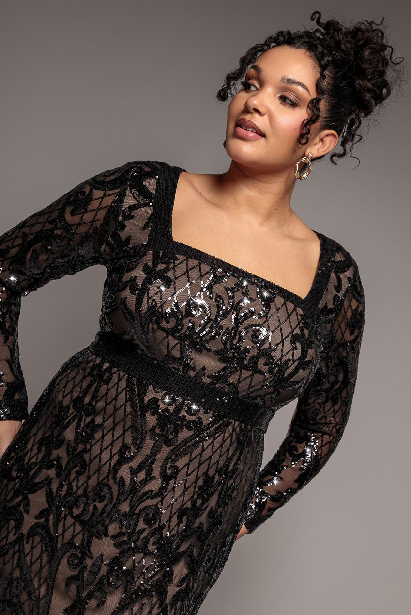 Sequin Square Neck Maxi With Scallop Hem - Black DR4038PLUS