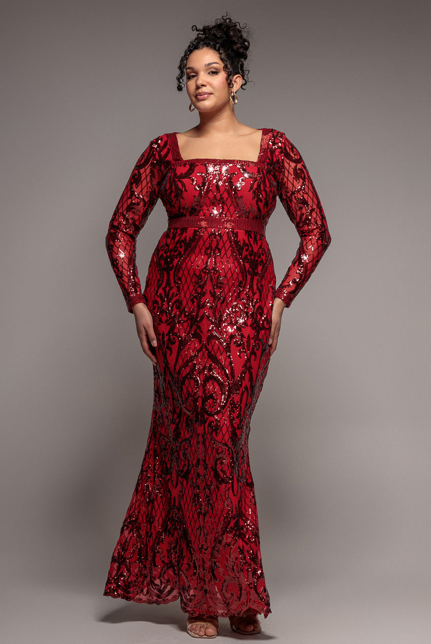 strapless open back dress Goddiva Sequin Square Neck Maxi With Scallop Hem - Red