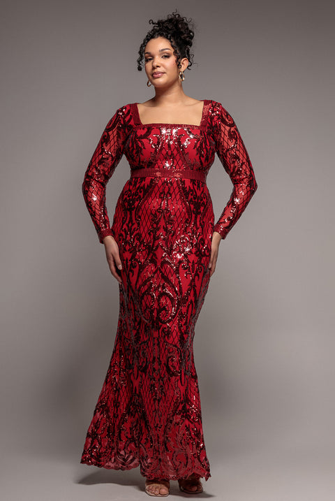 Sequin Square Neck Maxi With Scallop Hem - Red by Goddiva Plus