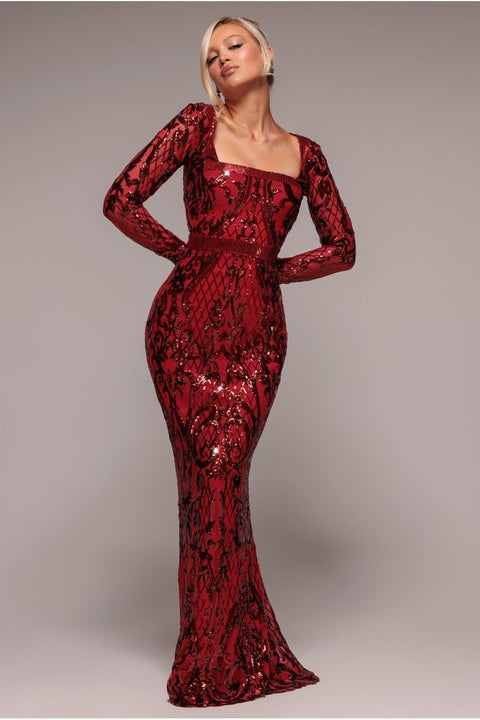 Sequin Square Neck Maxi With Scallop Hem - Red by Goddiva