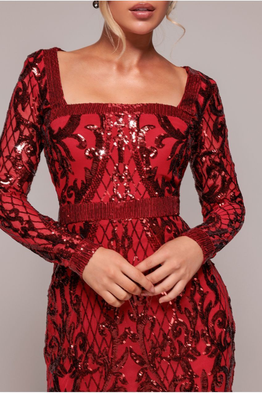 Sequin Square Neck Maxi With Scallop Hem - Red DR4038