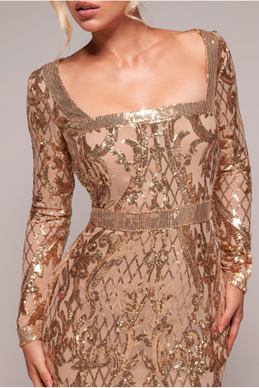 Sequin Square Neck Maxi With Scallop Hem - Gold DR4038