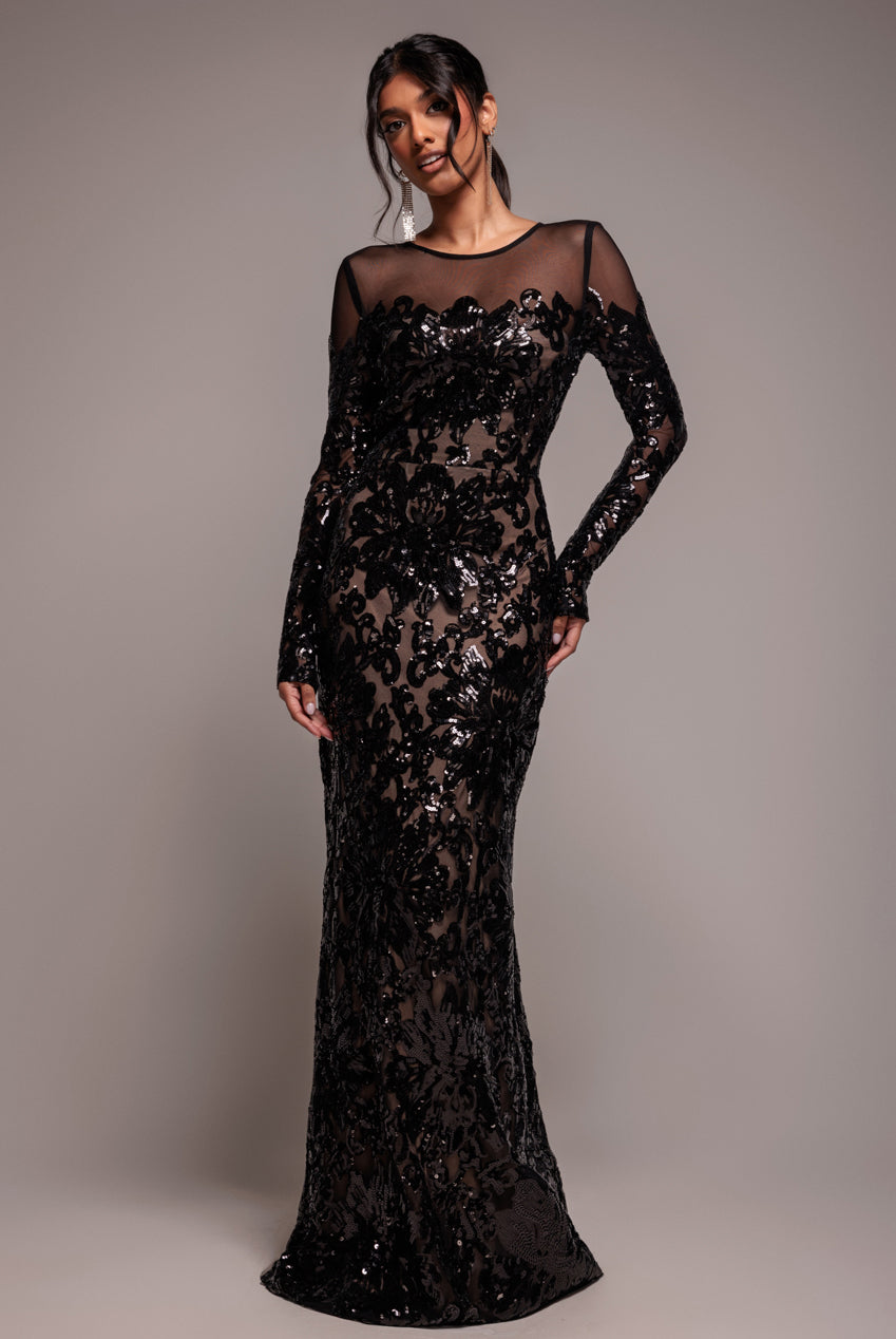 Floral Sequin Mesh Maxi - Black DR4041