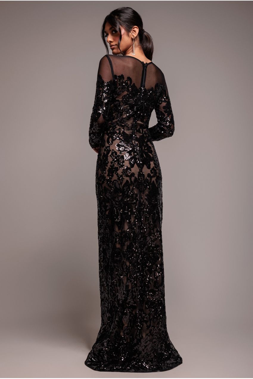 Floral Sequin Mesh Maxi - Black DR4041