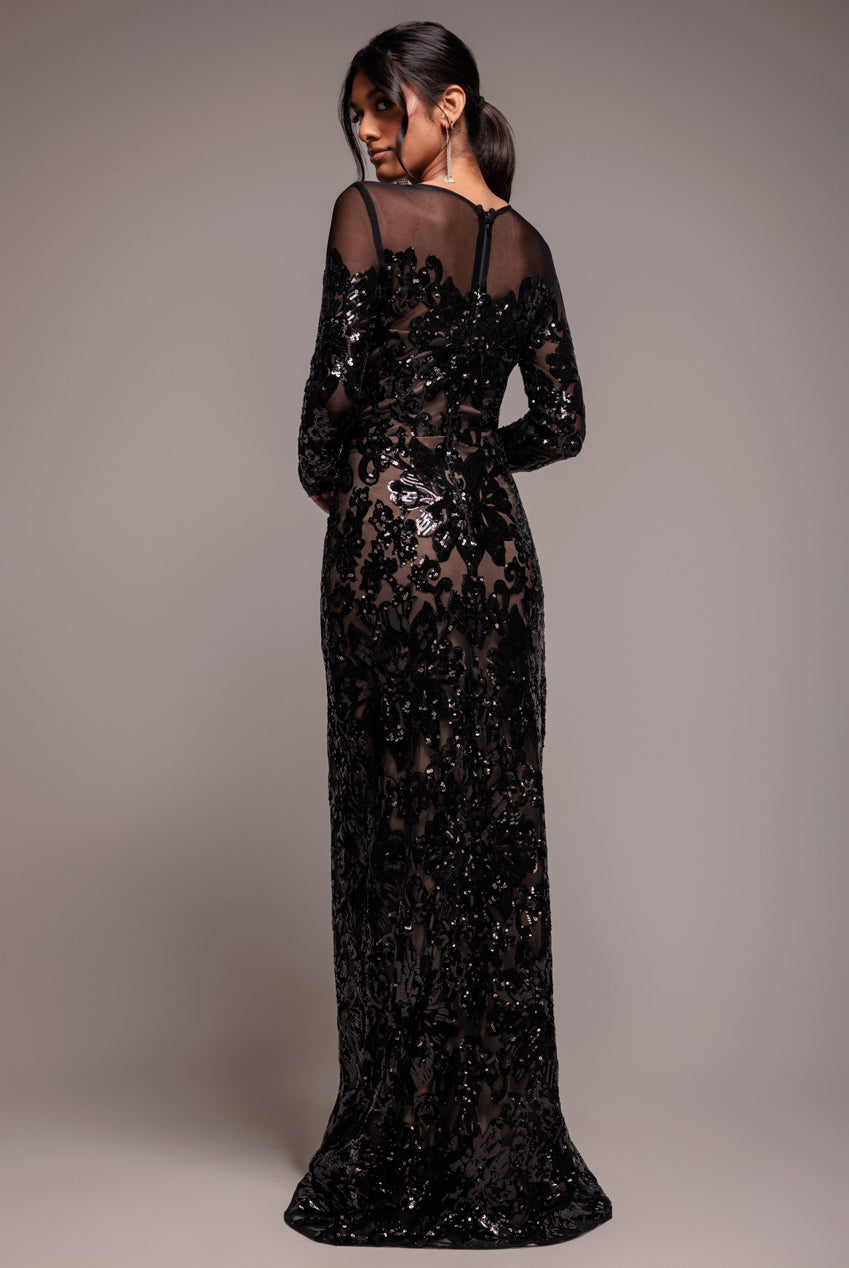 Floral Sequin Mesh Maxi - Black DR4041