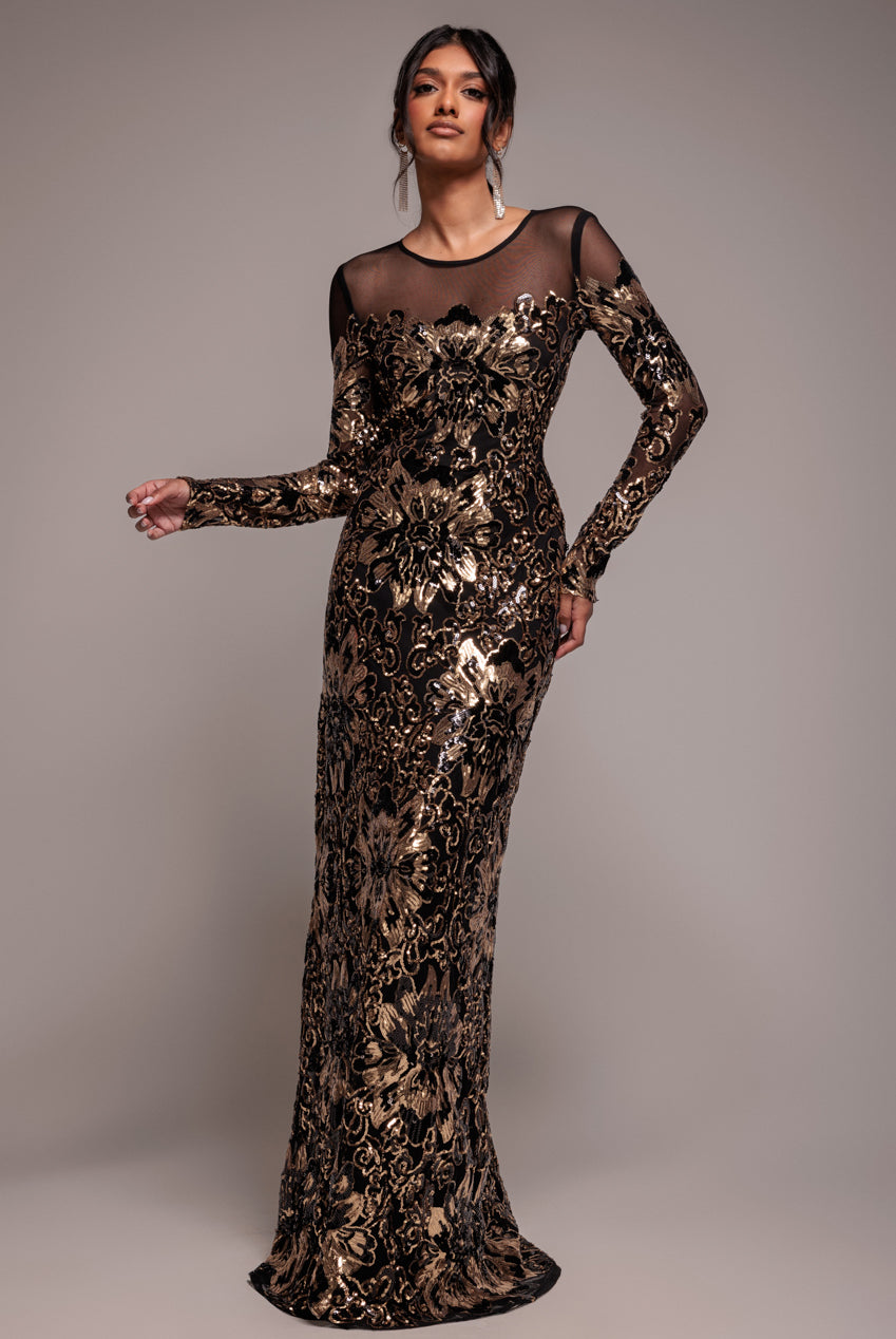 Floral Sequin Mesh Maxi - Gold DR4041