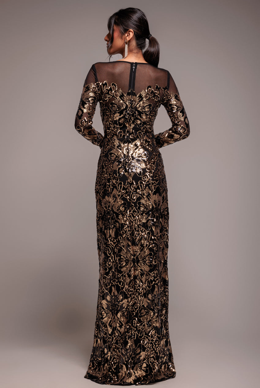 Floral Sequin Mesh Maxi - Gold DR4041